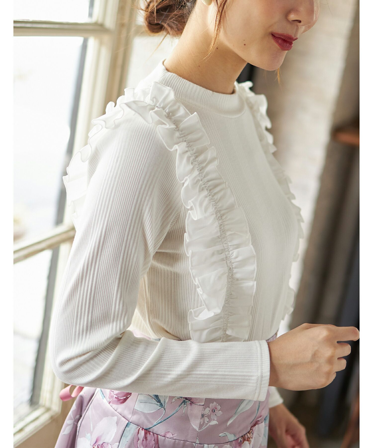 日本 tocco-closet - 奢華荷葉邊羅紋針織上衣-星塵粉