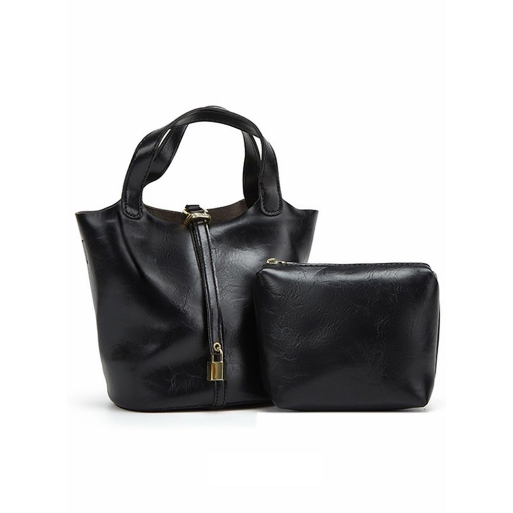 復古皮革感水桶包(附同色收納小包)-黑 (F)