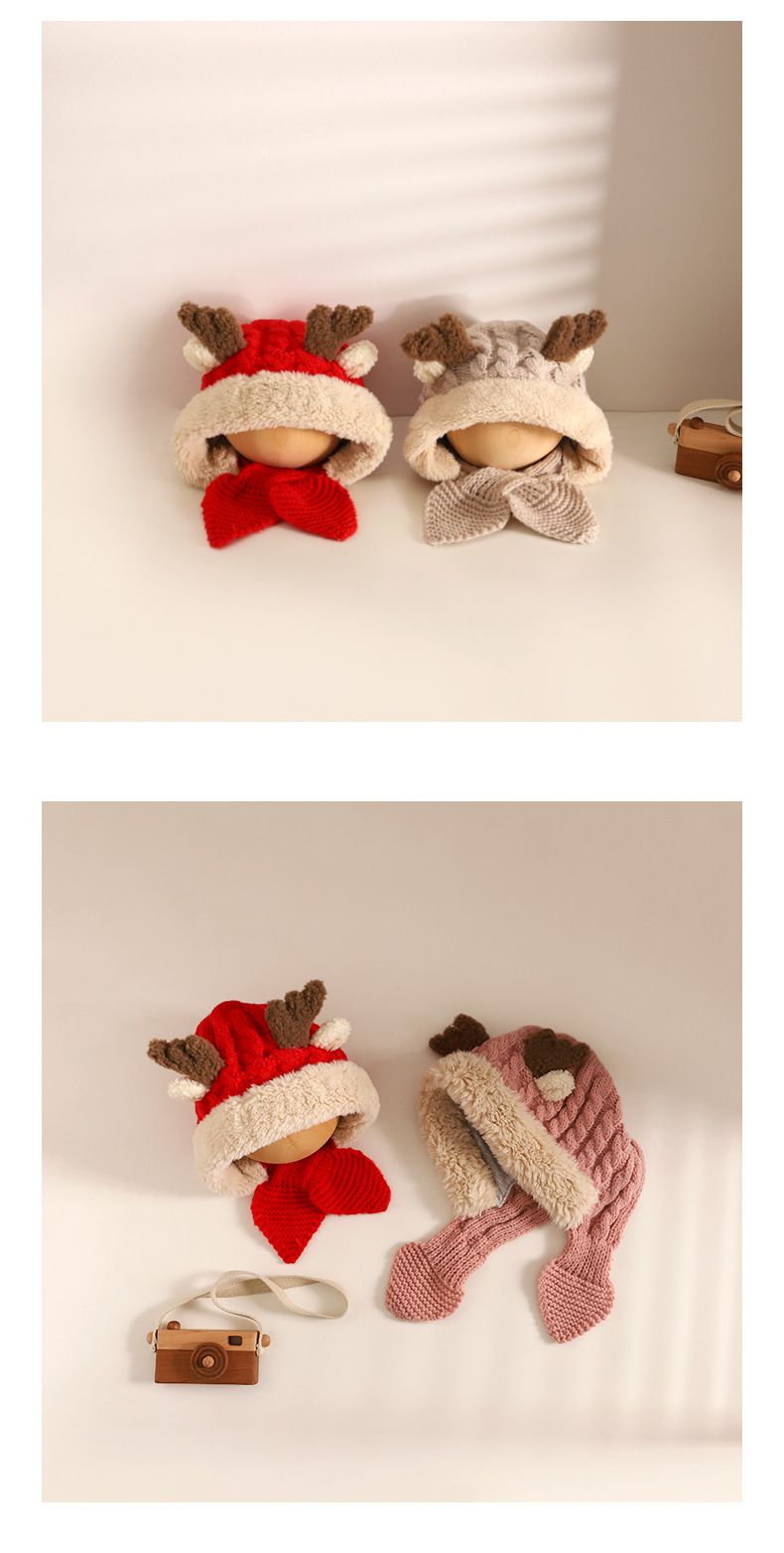 聖誕可愛鹿角針織毛帽-紅色 (帽圍48-52CM)