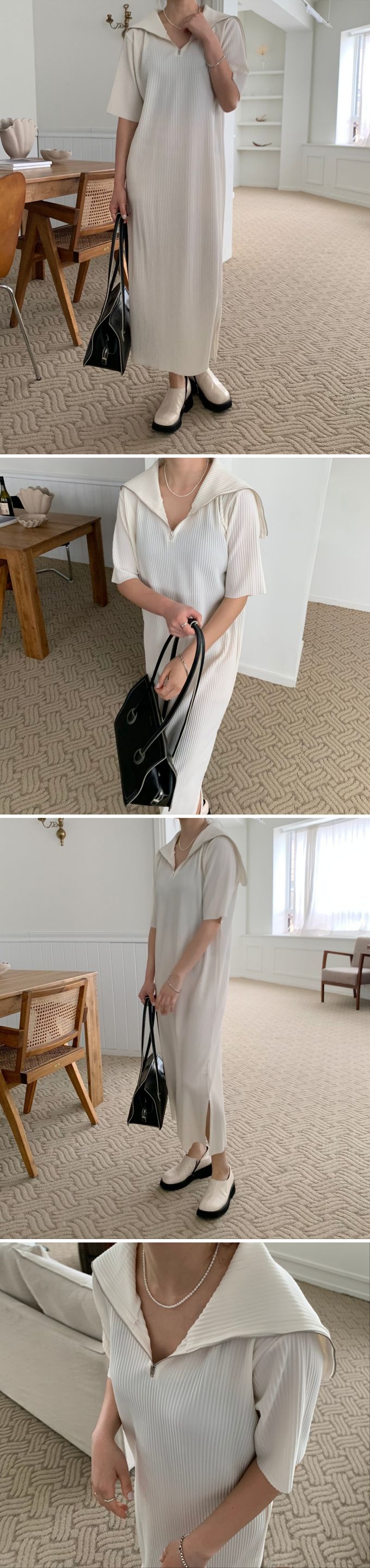 韓國 LANDING - 開衩拉鍊翻領短袖洋裝-白 (FREE)