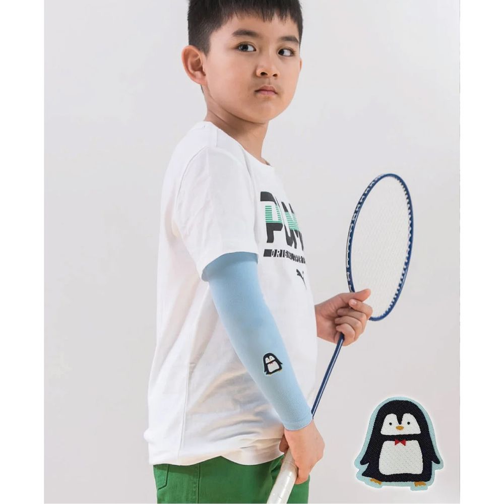 貝柔 Peilou - UPF50+兒童高效涼感防蚊抗UV袖套-(貼布繡)-企鵝-水藍 (F)