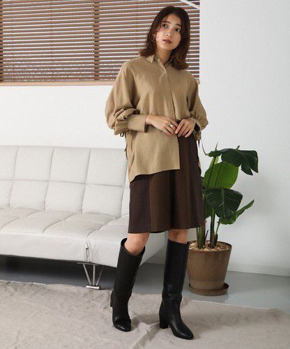 日本 Bou Jeloud - 個性抽繩設計長袖襯衫-淺墨綠