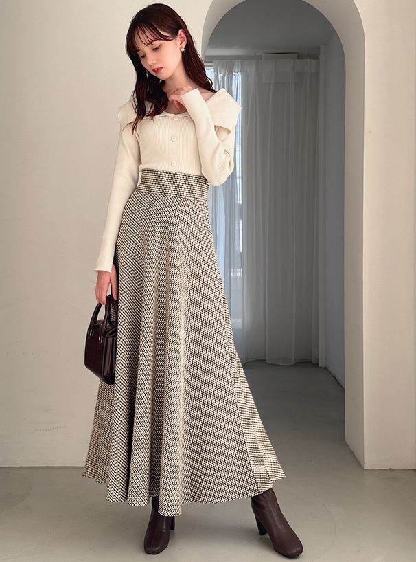 日本 GRL - 千鳥格紋修身長裙-卡其