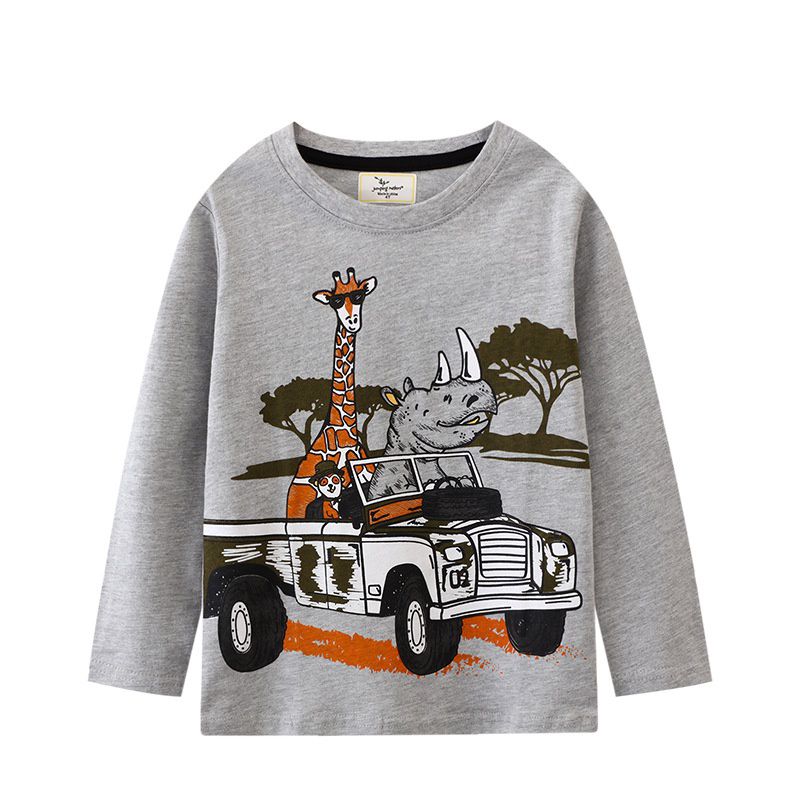 Jumping meters - 圓領棉質長袖上衣-犀牛與長頸鹿-灰色