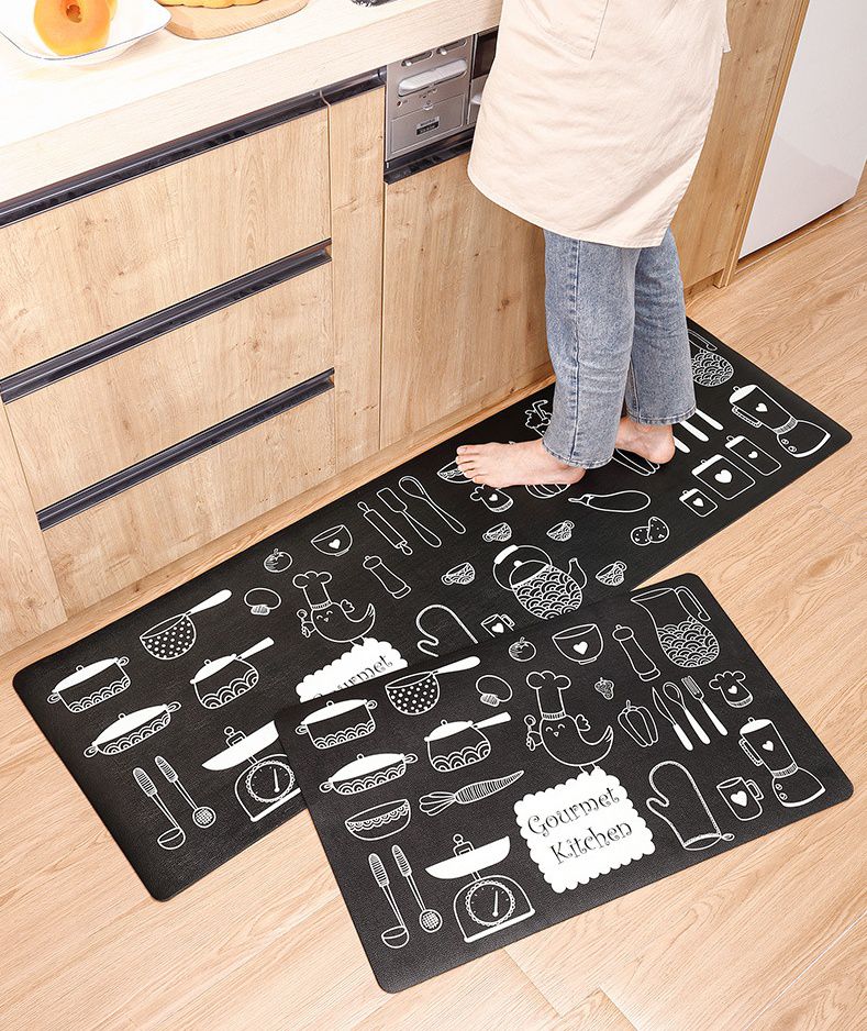 廚房仿皮革PVC防水腳踏墊-簡約英文-白色