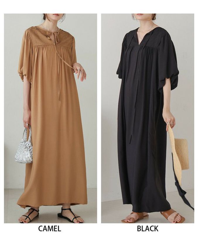 日本 Bab - 領口休閒綁帶泡泡短袖洋裝-焦糖棕 (M)