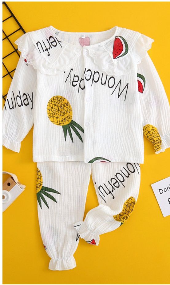 紗布棉兒童長袖家居服/睡衣-蕾絲領牛油果-白色