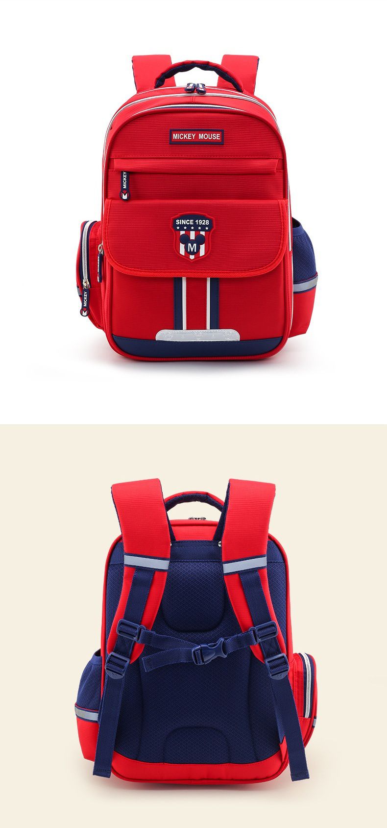 英倫風大容量多隔層減壓書包-卡通人物米奇-紅色 (建議身高120-150cm)