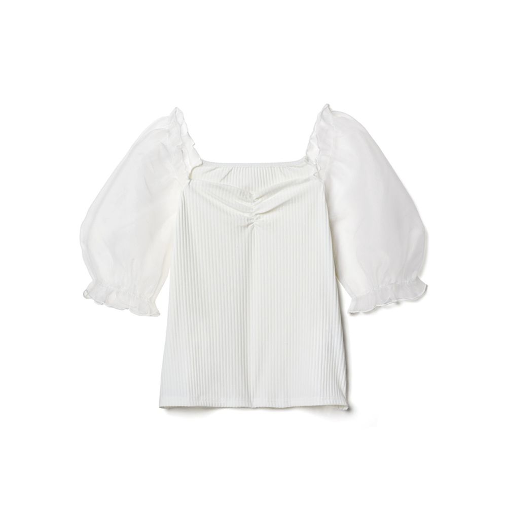 日本 GRL - 異材質薄紗澎澎袖羅紋上衣-天使白