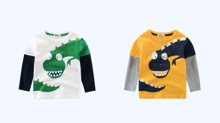 純棉長袖上衣-撞色恐龍-白色