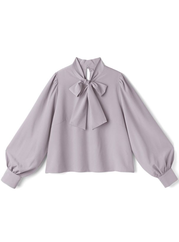 日本 GRL - 緞面蝴蝶結澎袖上衣-氣質米