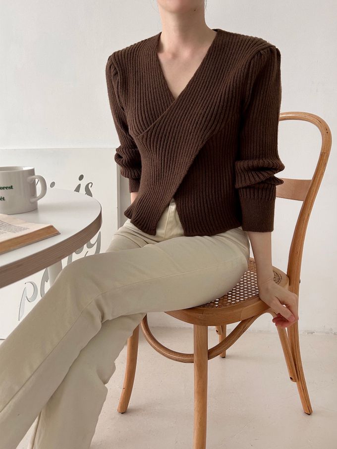 韓國女裝連線 - X交叉設計彈性坑條針織上衣-粉 (FREE)