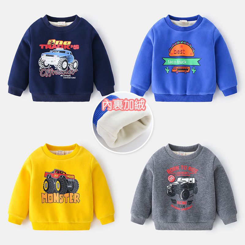 WELLKIDS - 加絨圓領長袖上衣/大學T-MONSTER越野車-黃色