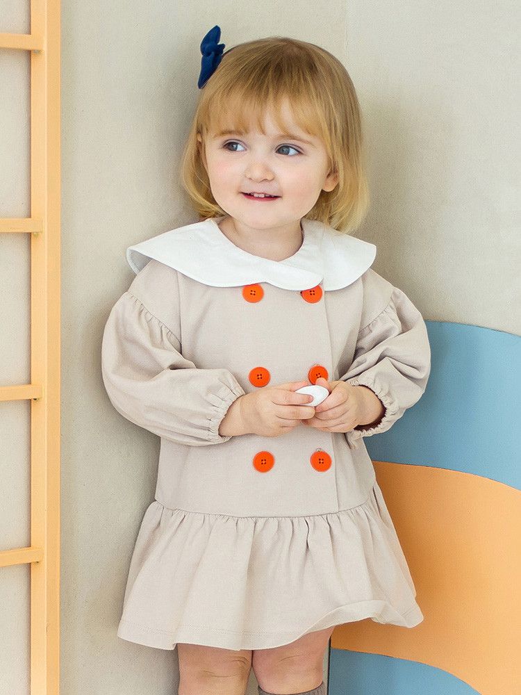 韓國 Pimpollo - 雲朵翻領鈕扣波浪洋裝-綠