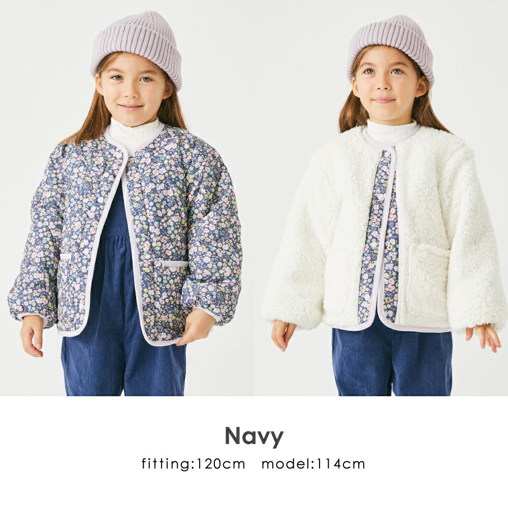 日本 evercloset - 雙面毛絨可愛花保暖外套-深藍x紫系