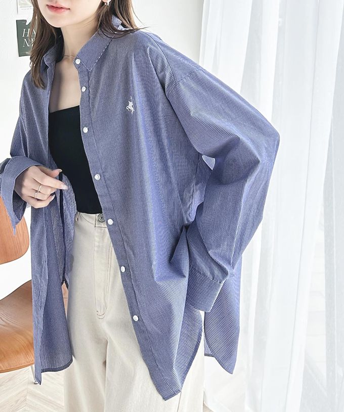 日本 Classical Elf - 前短後長知性寬版長袖襯衫-logo刺繡-藍白條紋