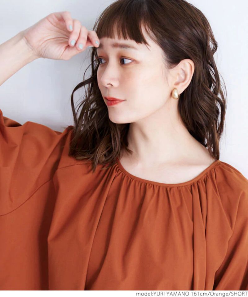 日本 COCA - 超寬鬆抓皺圓領五分袖長洋裝-橘