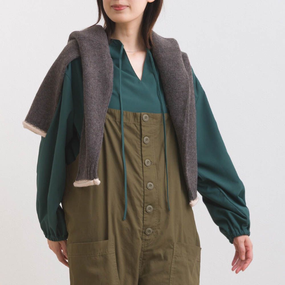 柔滑科技棉 俐落感綁帶澎袖上衣-濃綠