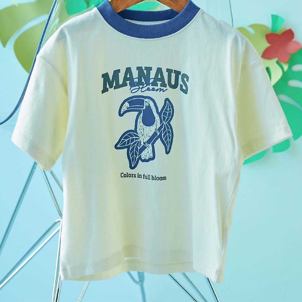 純棉動物線條印花短袖上衣-大嘴鳥-米白