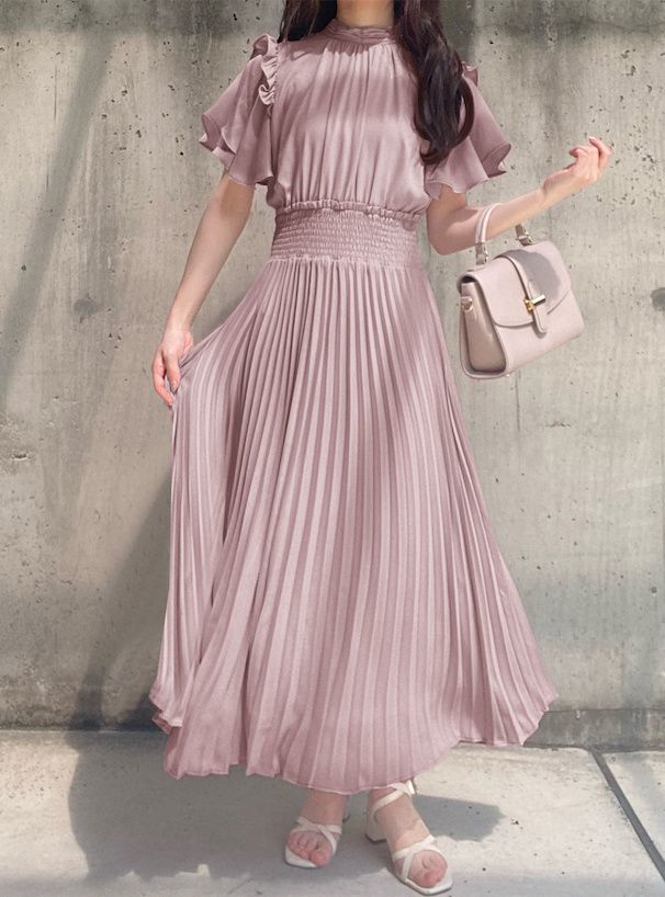 日本 GRL - 甜美時光收腰百摺短袖洋裝-黑