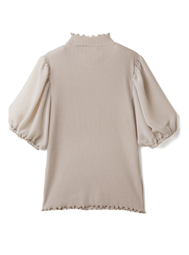 日本 GRL - 異材質拼接薄紗短袖上衣-灰杏