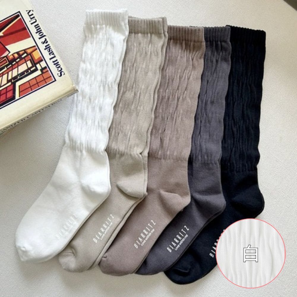 韓製皺摺造型中筒長襪-白 (Free[230~260mm])