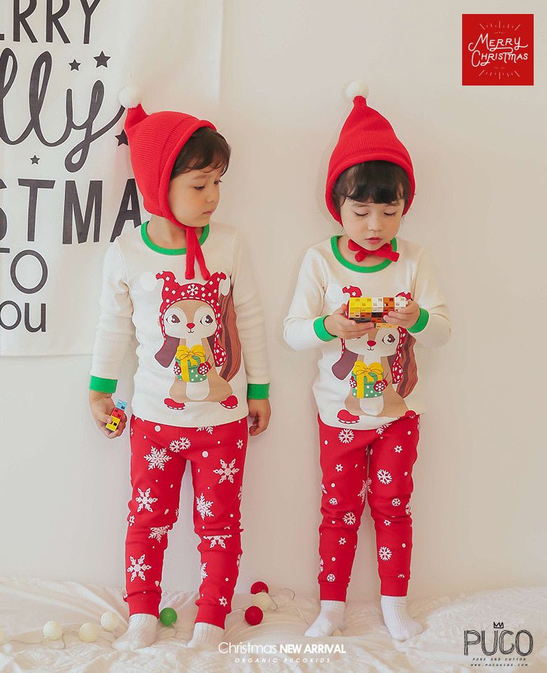韓國 Puco - (聖誕限定款)20支有機棉長袖家居服-禮物松鼠