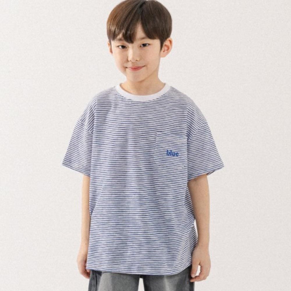韓國 BUCKET LIST - blue口袋短袖上衣-藍條紋