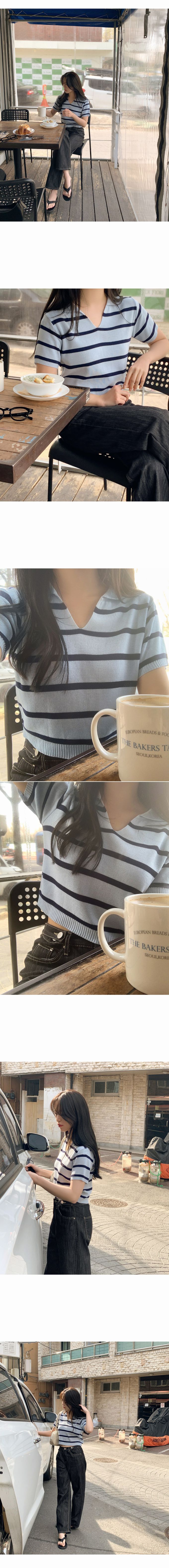 韓國 98doci - 針織條紋翻領短袖上衣-深藍