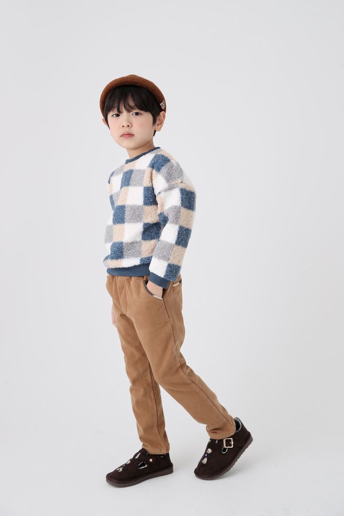 韓國 Coco Bang - 毛絨棋盤色塊紋長袖上衣-藍