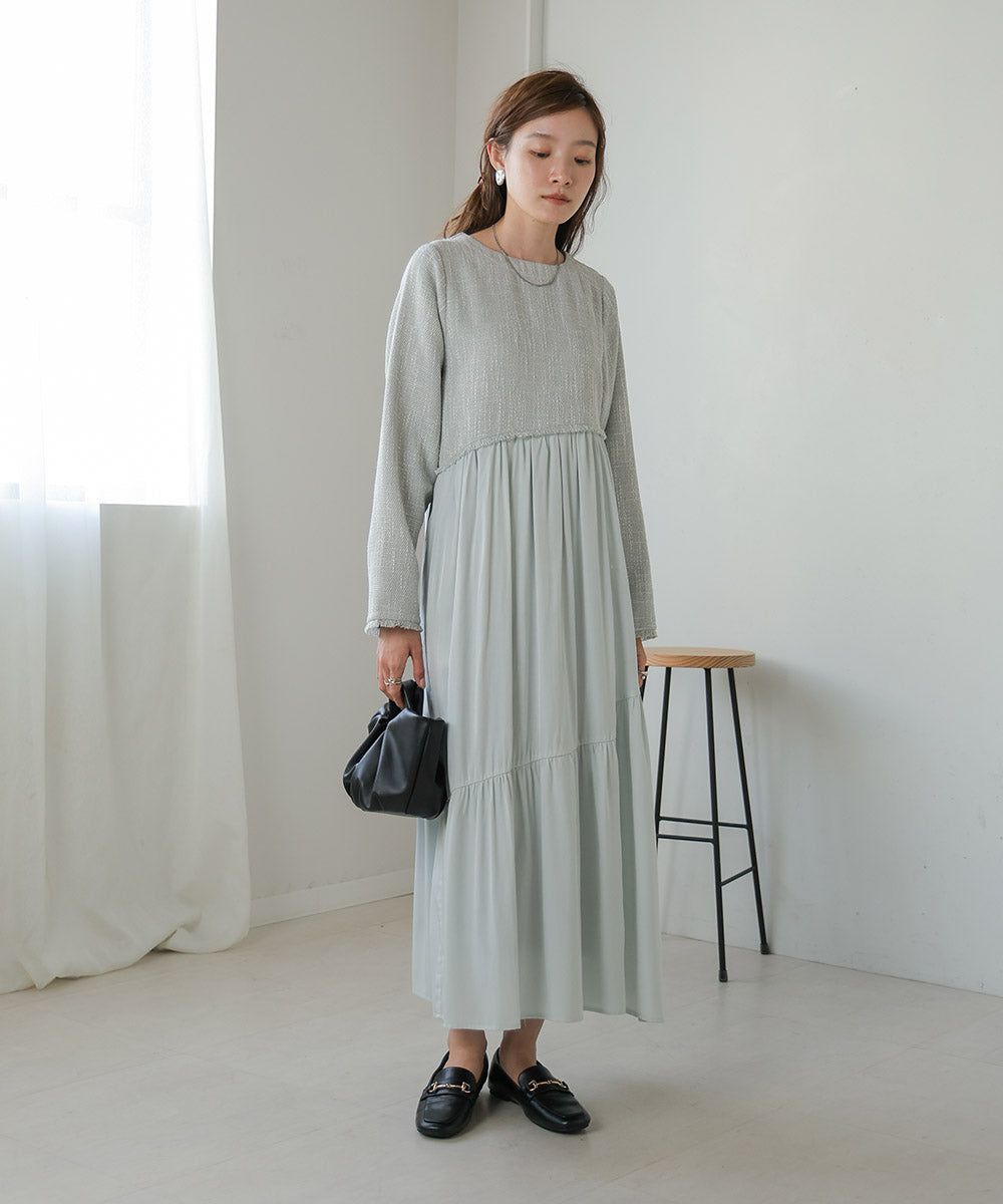 日本 Bab - 仙氣花呢異材質拼接長袖洋裝-黑