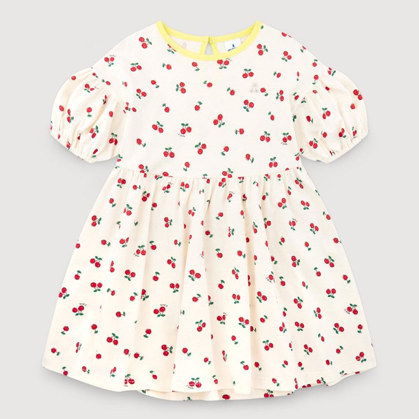 韓國 Jelispoon - 滿版櫻桃泡泡袖洋裝-象牙白