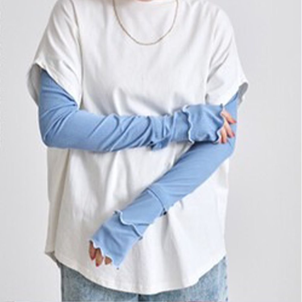 接觸涼感 木耳滾邊抗UV美型袖套-藍x白 (60cm)