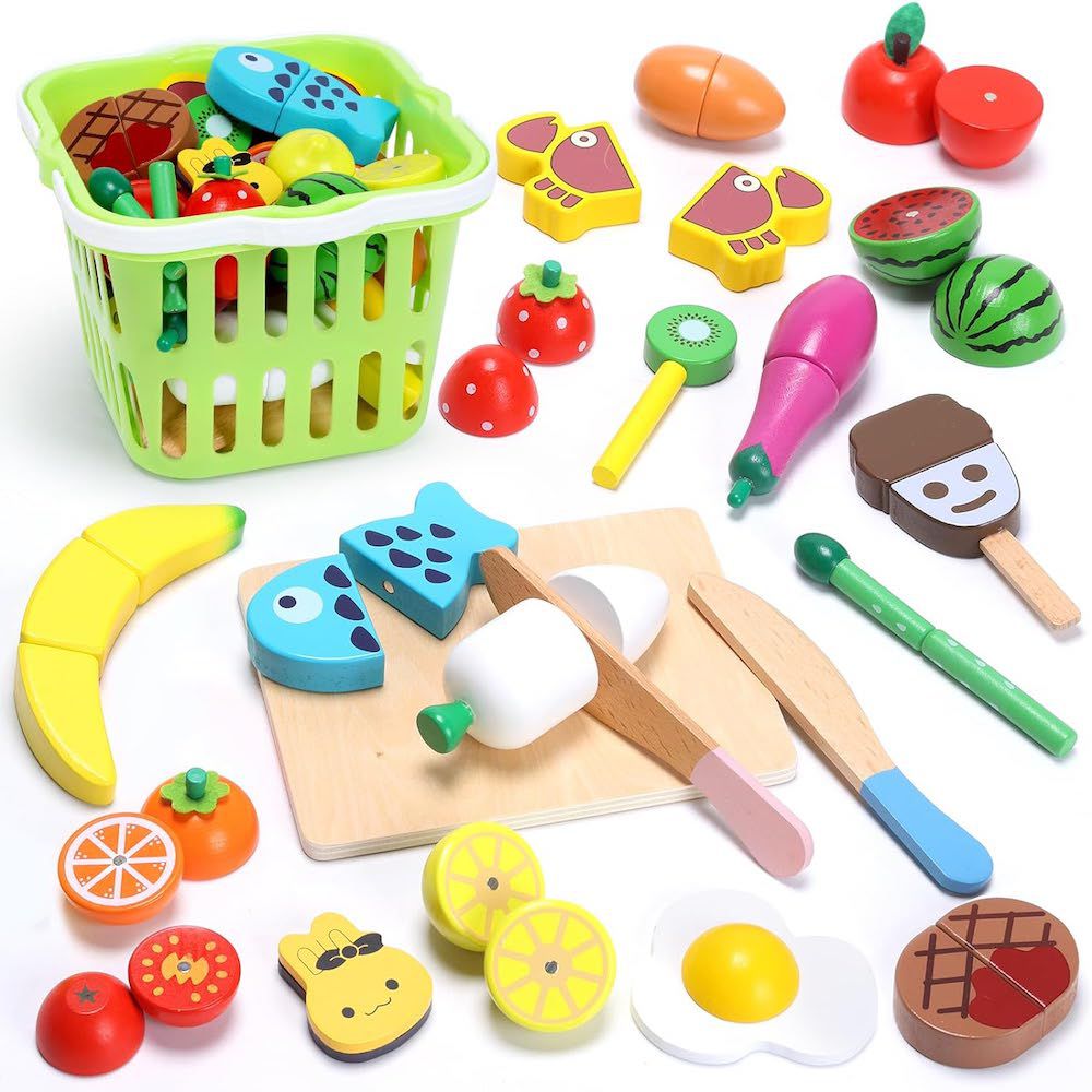CuteStone - 兒童仿真木製水果切切樂與收納提籃22件組套裝玩具(盒損福利品)