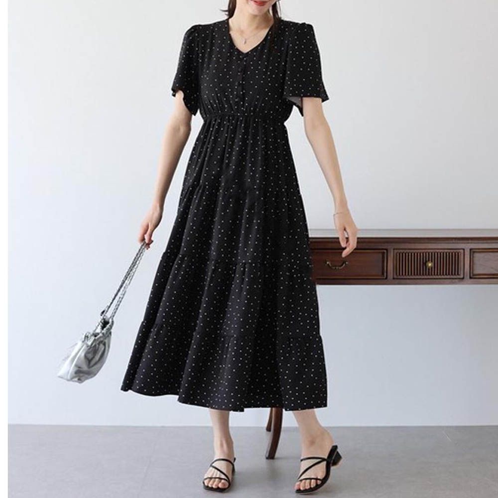 [人氣款]束腰修身喇叭短袖洋裝-水玉-黑 (M)
