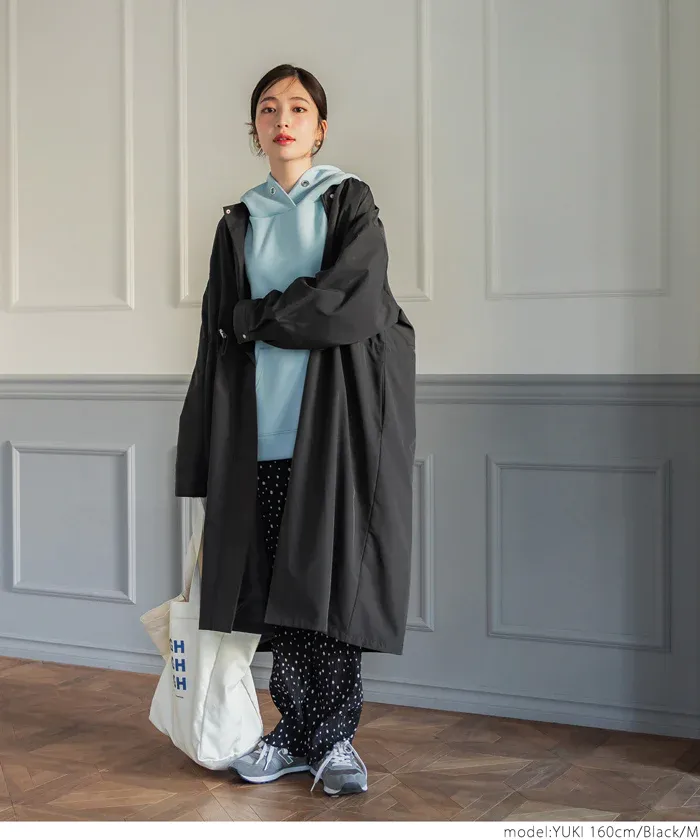 日本 COCA - 早春圓領抽繩收腰長版風衣-軍綠