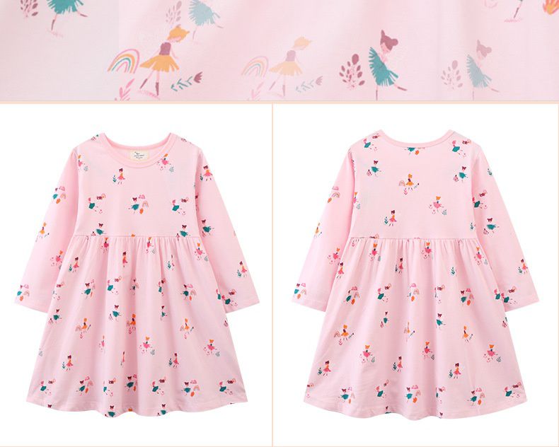 Jumping meters - 棉質圓領長袖連身洋裝-跳舞的花精靈-粉色