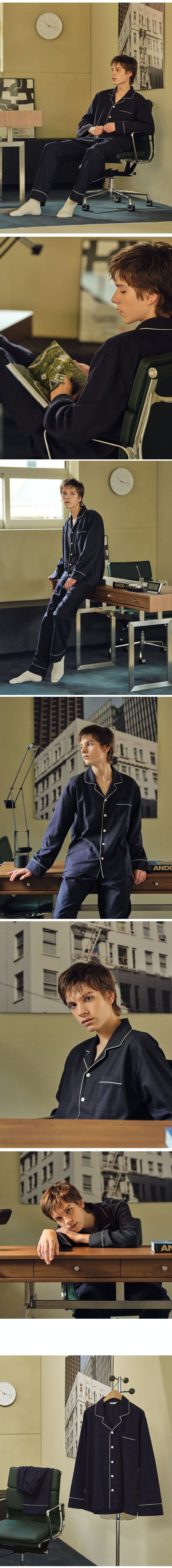 韓國 ULLALA - (情侶款)質感純色長袖睡衣套裝-男款-深藍 (FREE)