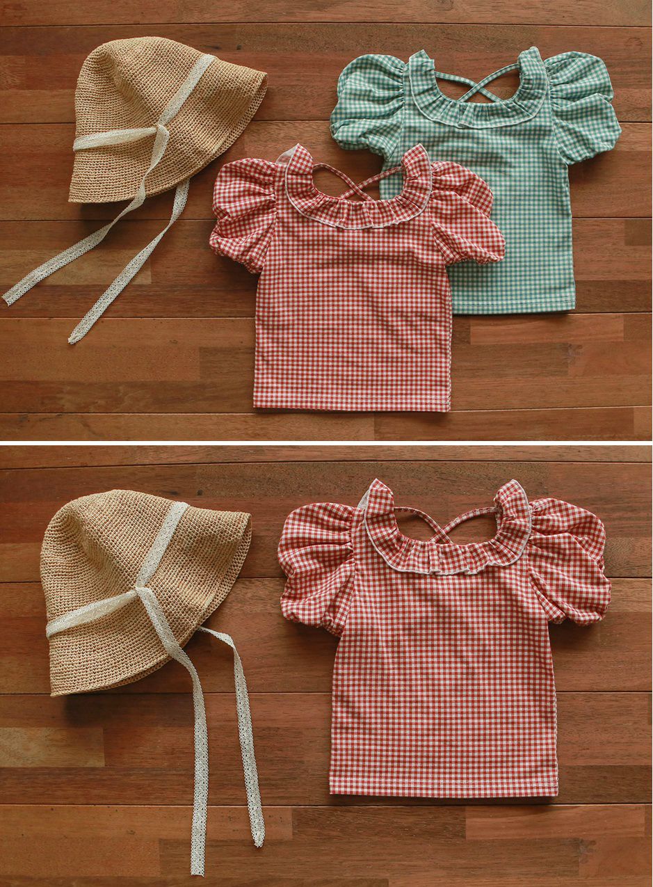 韓國 PuellaFLO - 露背交叉荷葉領公主袖上衣-紅