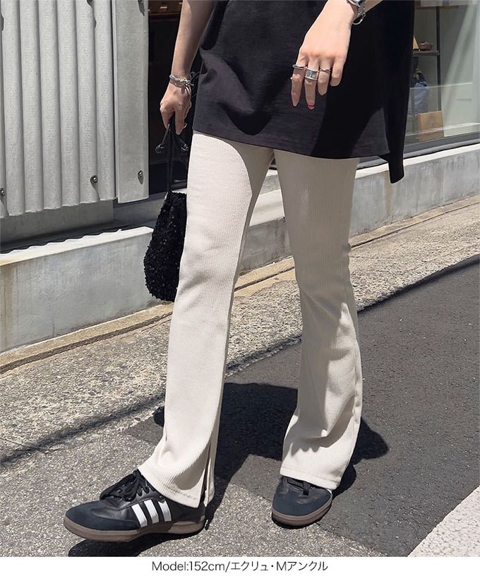 日本 Kobe Lettuce - 舒適細坑條美腿開叉喇叭褲-(可選長度)-奶油杏