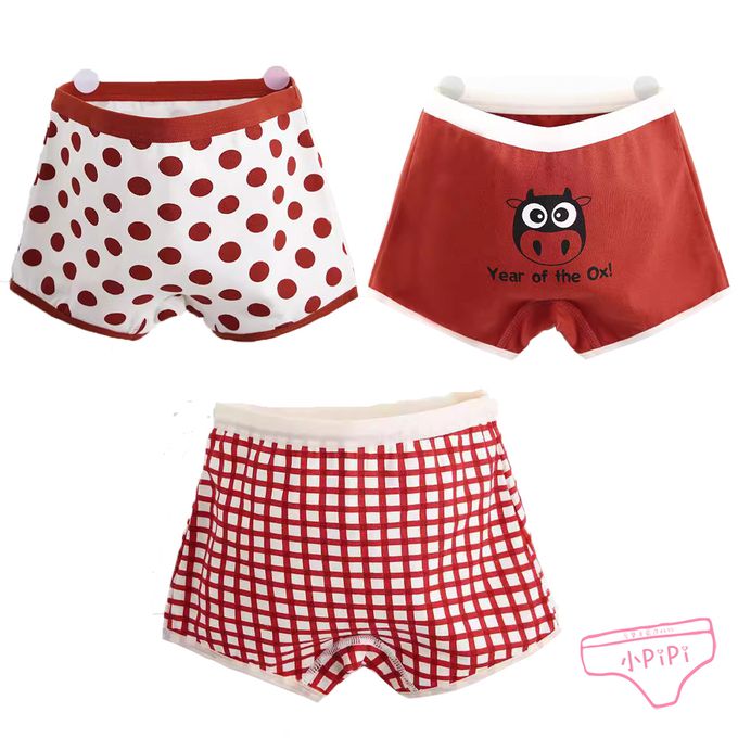 小 pipi - 有機純棉兒童四角平口內褲3件組_女童-紅牛寶貝