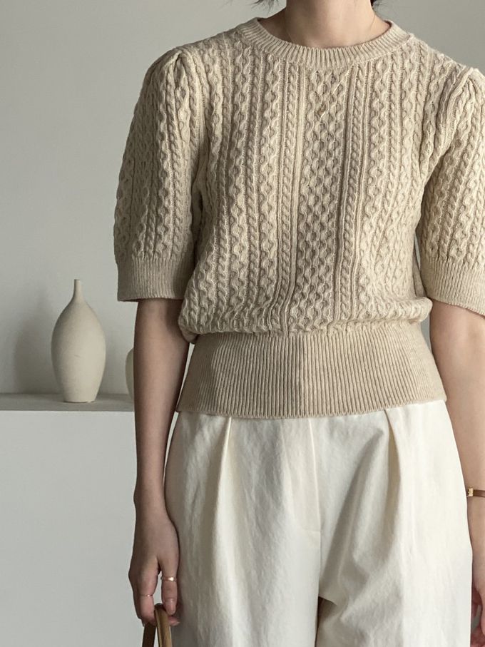 韓國女裝連線 - 麻花辮編織五分袖針織上衣-卡其 (FREE)