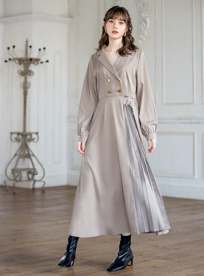 日本 GRL - (微瑕新品)雙排釦風衣造型百褶拼接長袖洋裝-淺灰杏 (M)