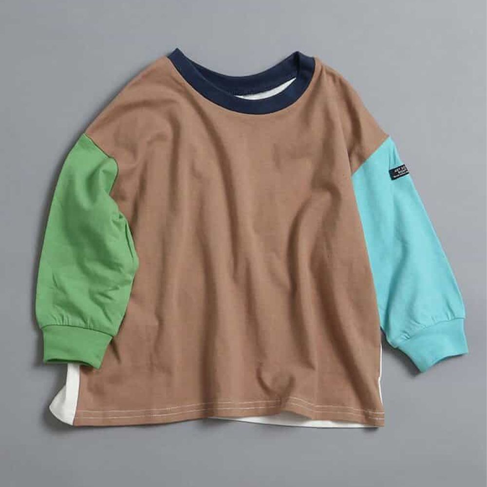 100%棉 定番款縮口長袖上衣-藍綠撞色-咖啡