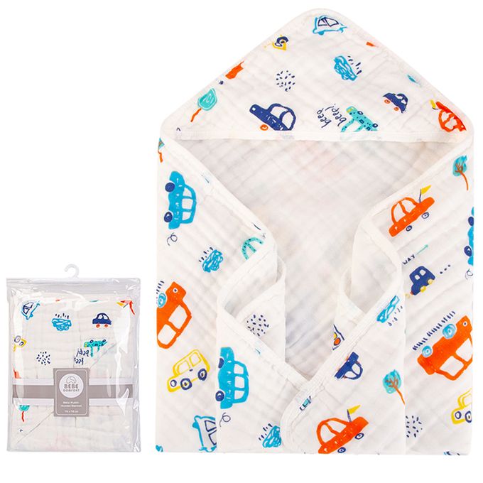 美國 Luvable Friends - 甜蜜寶貝6層紗連帽安撫包巾/嬰兒被/蓋毯(送禮自用皆可)_76*76cm-汽車噗噗