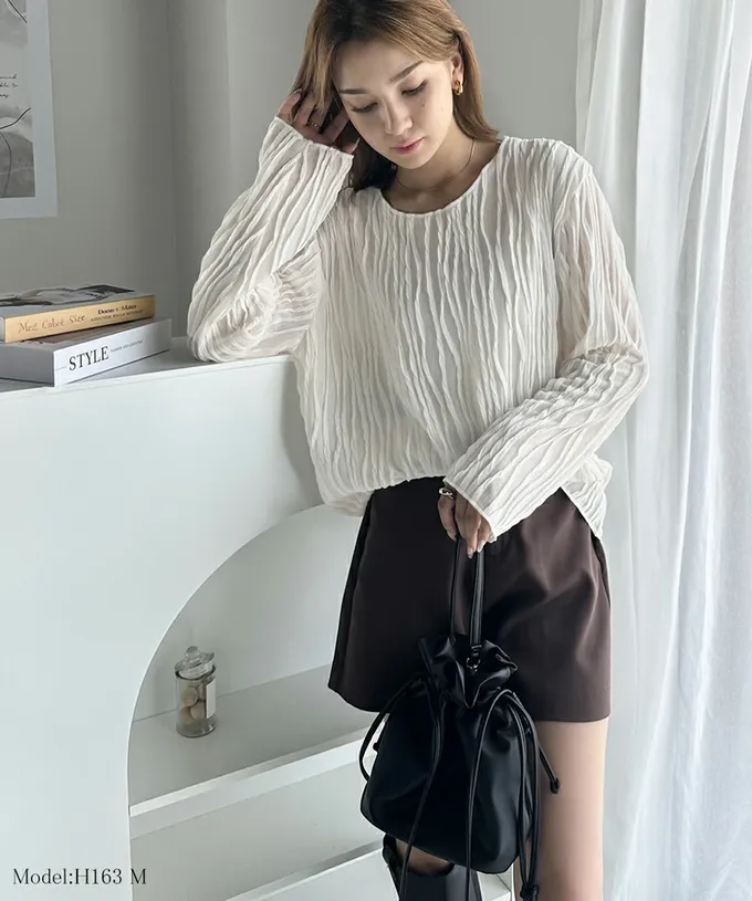 日本 Classical Elf - 圓領波紋透感長袖上衣-灰摩卡