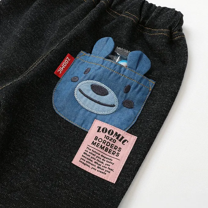 日本 ZOOLAND - 可愛熊口袋條紋反摺七分褲-貓熊-海軍藍