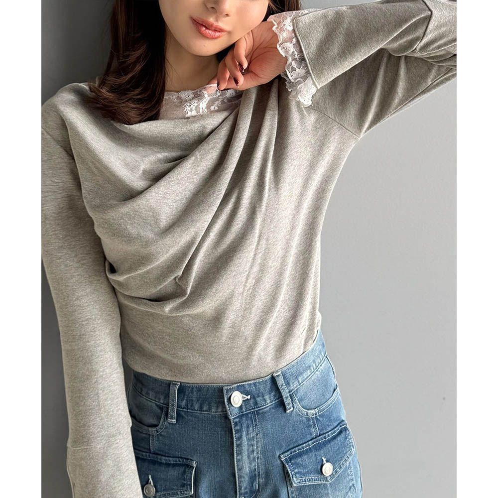 蕾絲皺摺美型喇叭袖上衣-淺灰