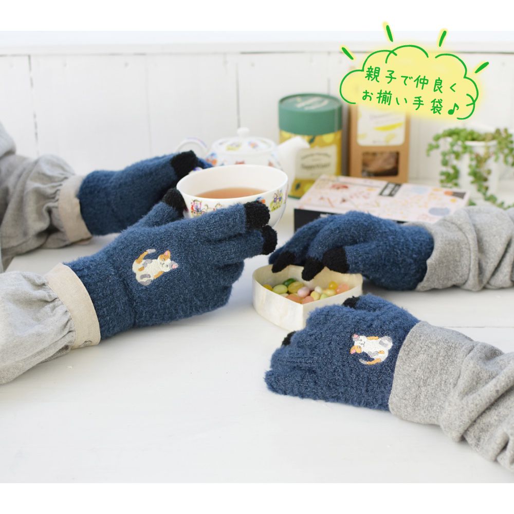 日本 TOMO - 兒童可觸控短絨保暖手套-小花貓-深藍