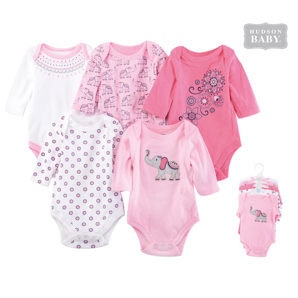 美國 Luvable Friends - 甜蜜寶貝嬰幼兒100%純棉長袖包屁衣5件組-甜美大象